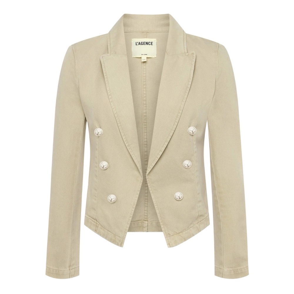 L’Agence Wayne Crop Double Breasted Denim Jacket Sand Dune Tan XXL